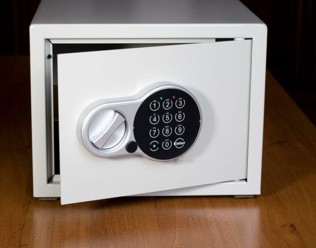 A half open safe with an electronic combination lock