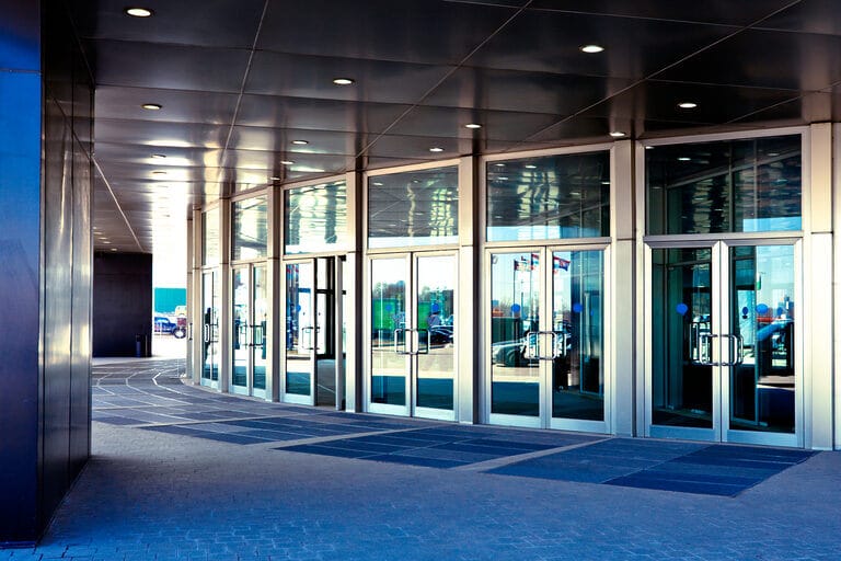 Aluminum glass doors of an office building entrance