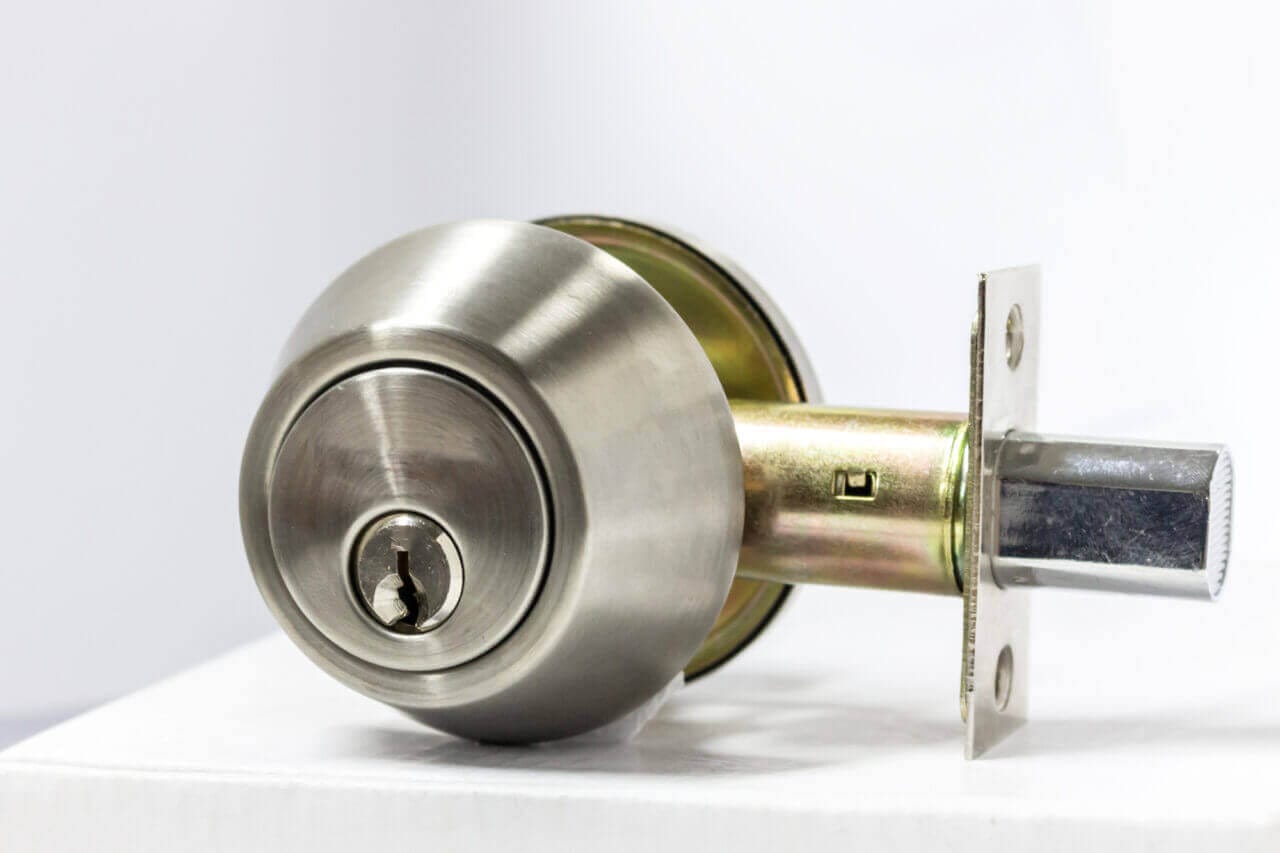 An uninstalled deadbolt lock