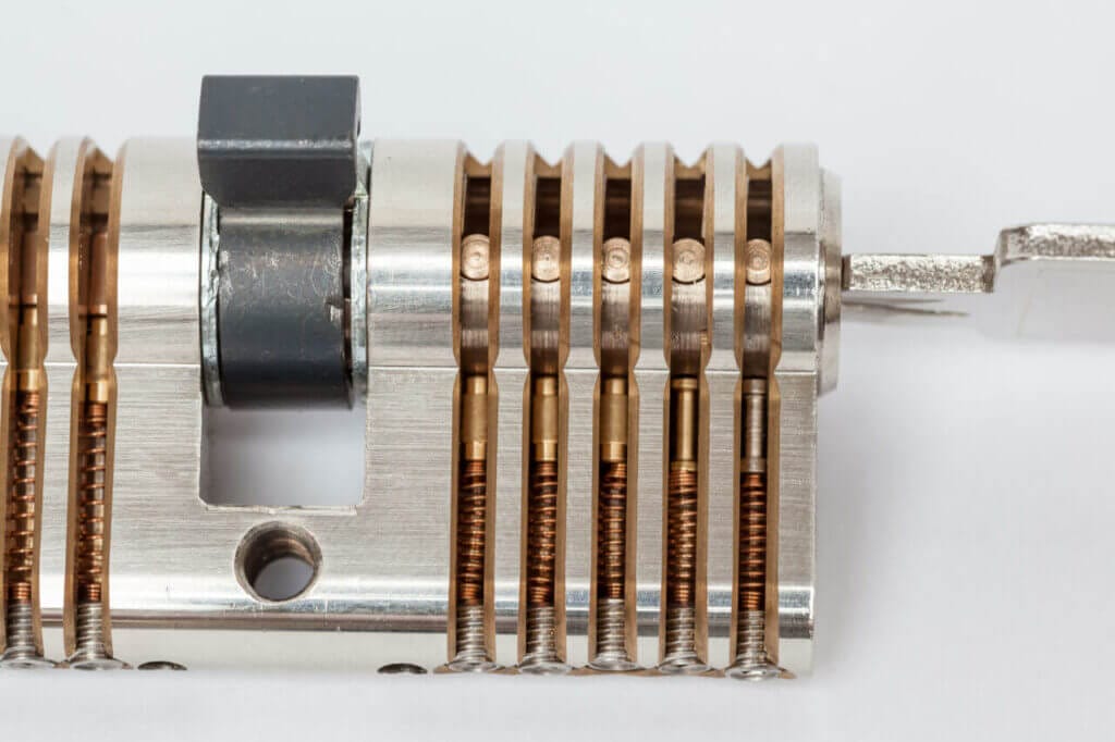 Close-up of a lock cylinder and pins