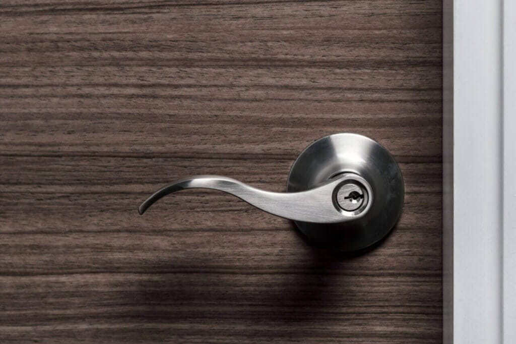 close up of a lever handle lock